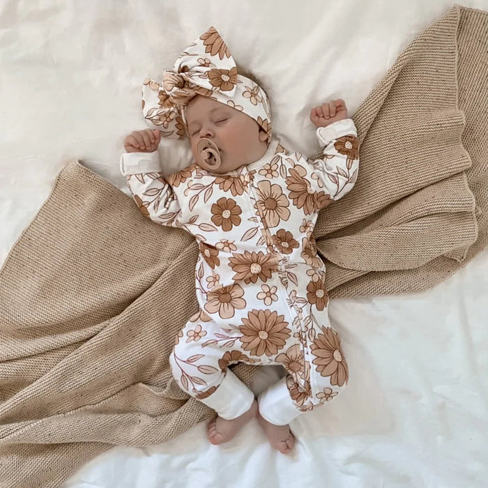 2PCS Pretty Floral Printed Baby Long Sleeve Jumpsuit