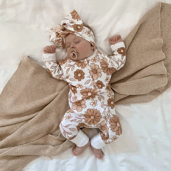2PCS Pretty Floral Printed Baby Long Sleeve Jumpsuit