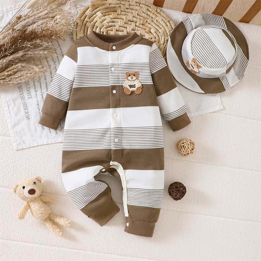 2PCS Timeless Bear Applique Stripe Printed Long Sleeve Baby Jumpsuit Image principale du produit