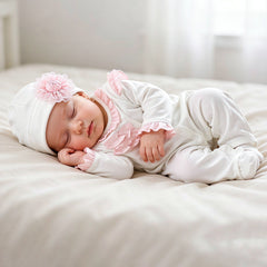 2PCS Lovely Fold Edge Solid Printed Long-sleeve Baby Jumpsuit With Hat