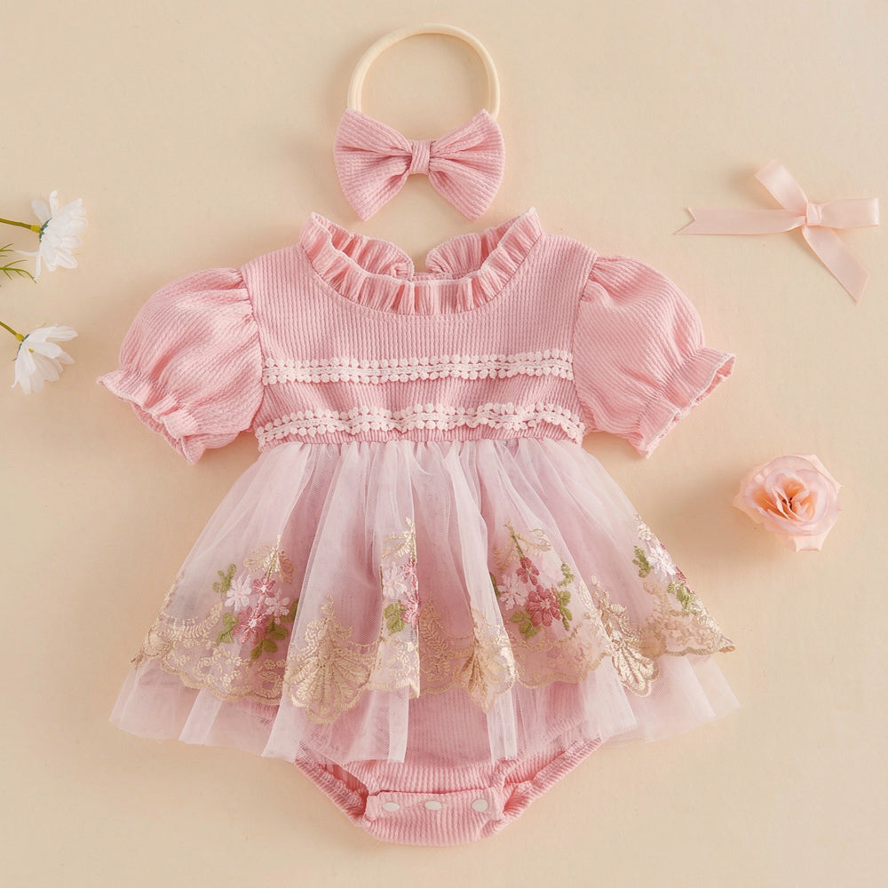 2PCS Gorgeous Floral Embroidery Short Sleeve Mesh Baby Girl Romper Main image