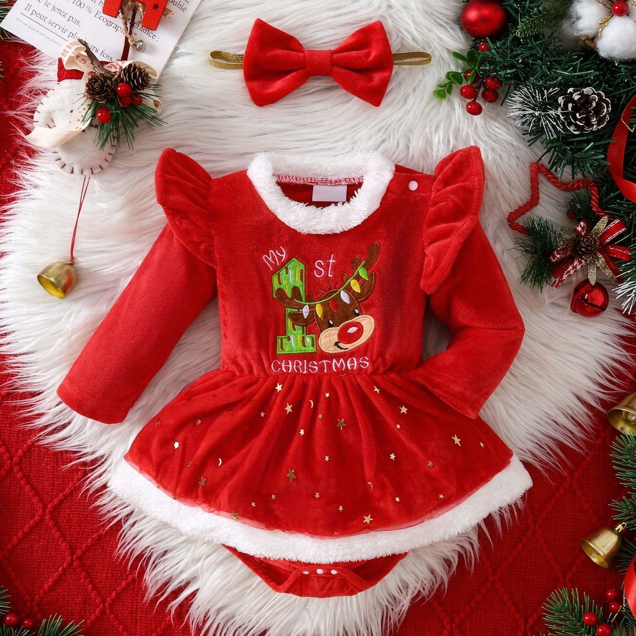 2PCS My 1st Christmas Letter Reindeer Print Baby Girl Velvet Romper
