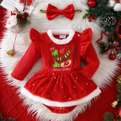 2PCS My 1st Christmas Letter Reindeer Print Baby Girl Velvet Romper