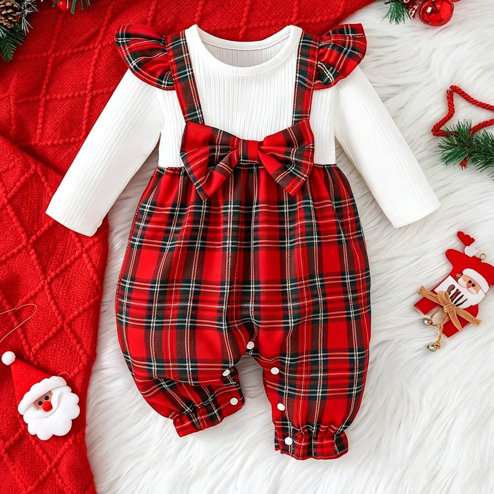 Striking Plaid Print Fake Two Piece Long Sleeve Baby Girl Jumpsuit