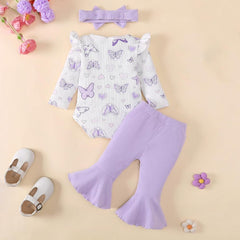 3PCS Lovely Butterfly Print Bowknot Long Sleeve Baby Girl Set