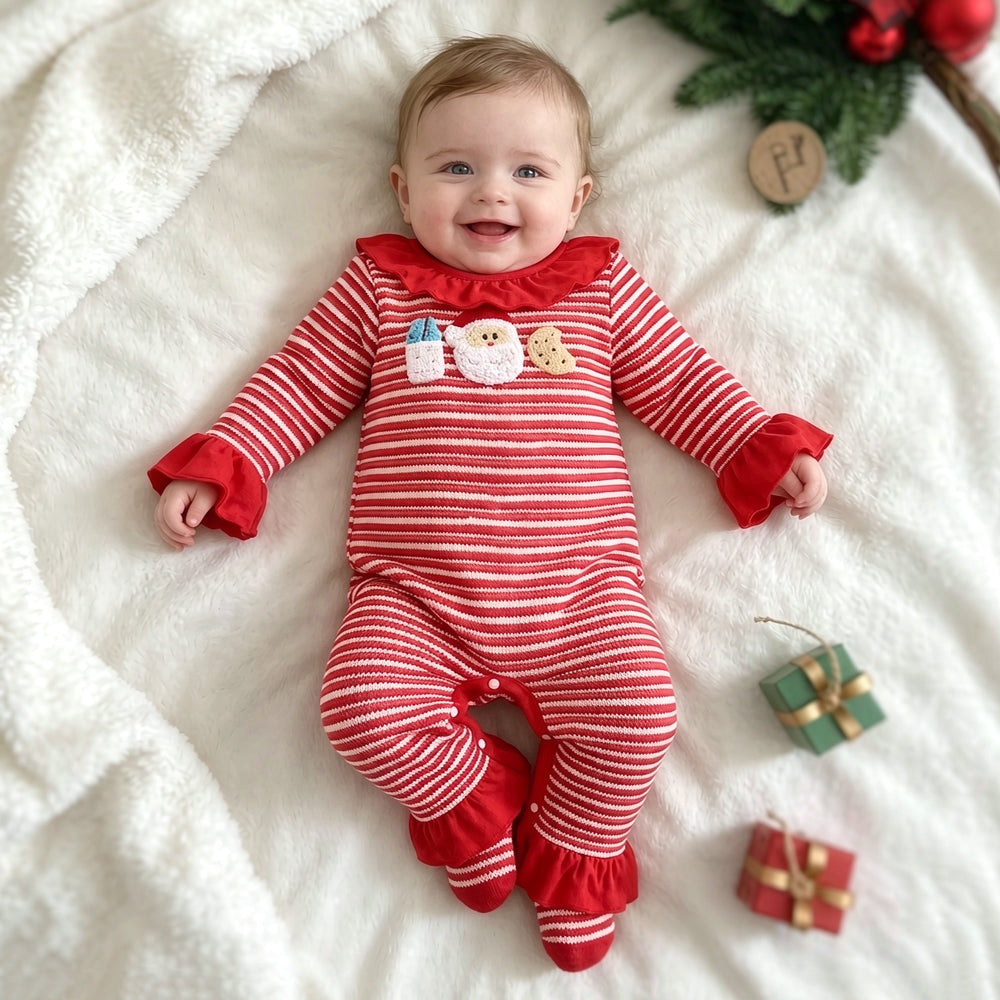 Santa Claus Applique Striped Knit Baby Girl Christmas Jumpsuit