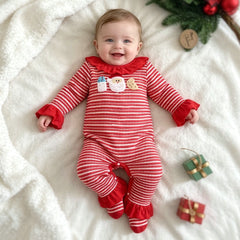 Santa Claus Applique Striped Knit Baby Girl Christmas Jumpsuit