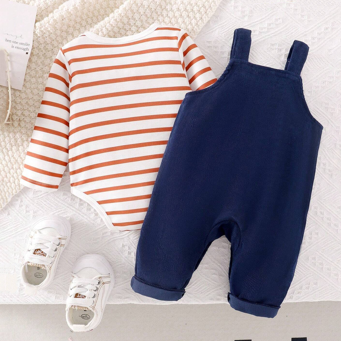 2PCS Cute Dog Stripe Printed Long Sleeve Baby Overalls Set