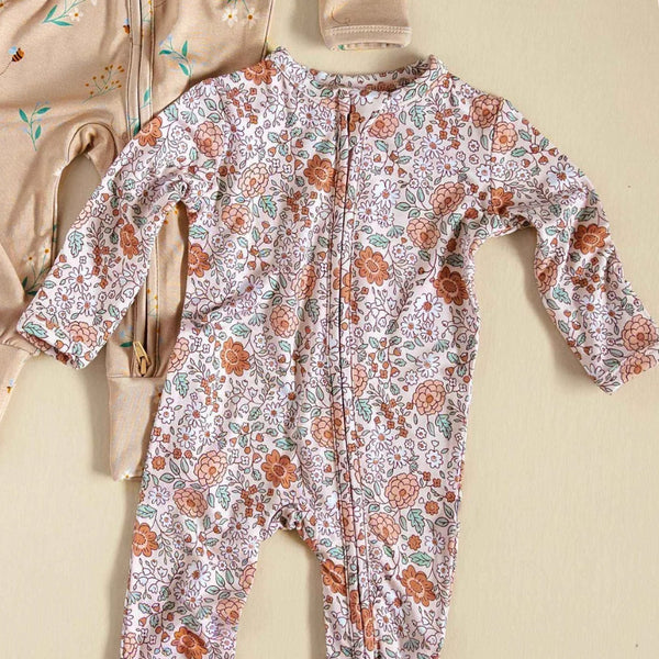 2PCS Vintage Bloom Print Long Sleeve Baby Girl Zipper Jumpsuit