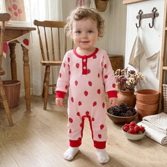 Lovely Strawberry Print Waffle Long Sleeve Baby Girl Jumpsuit