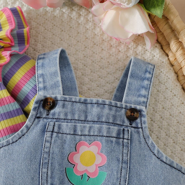 2PCS Chic Floral and Animal Print Long Sleeve Denim Baby Overalls Set