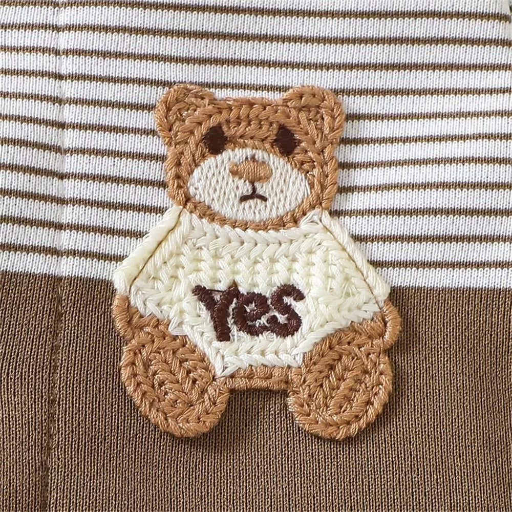 2PCS Timeless Bear Applique Stripe Printed Long Sleeve Baby Jumpsuit