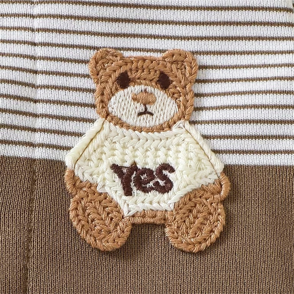 2PCS Timeless Bear Applique Stripe Printed Long Sleeve Baby Jumpsuit
