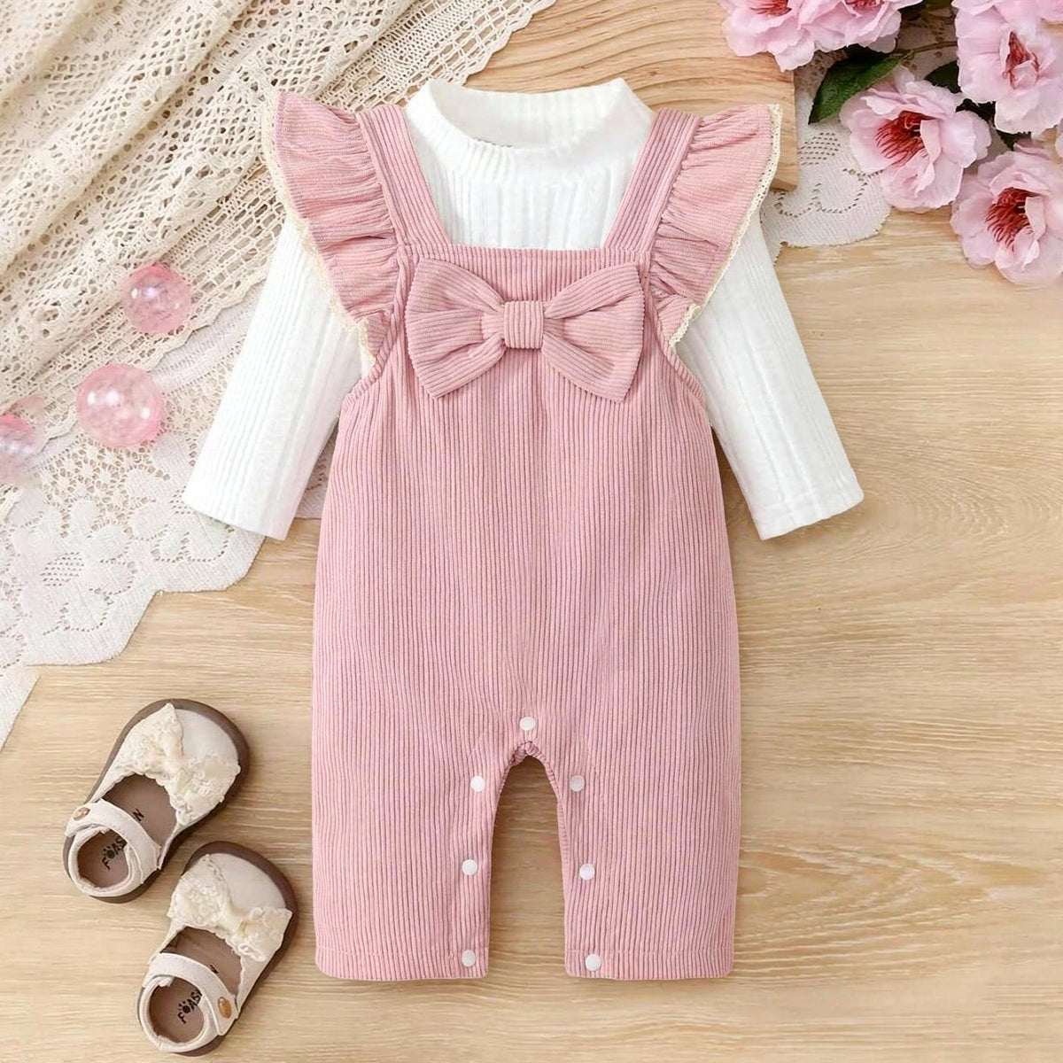 2PCS Sweet Baby Girl Bow Ruffle Long Sleeve Corduroy Overalls Set