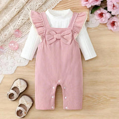 2PCS Sweet Baby Girl Bow Ruffle Long Sleeve Corduroy Overalls Set