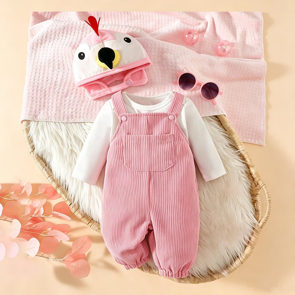 3PCS Cute Flamingo Hat Long Sleeve Baby Girl Corduroy Overalls Set