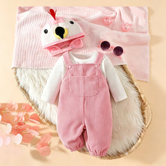 3PCS Cute Flamingo Hat Long Sleeve Baby Girl Corduroy Overalls Set
