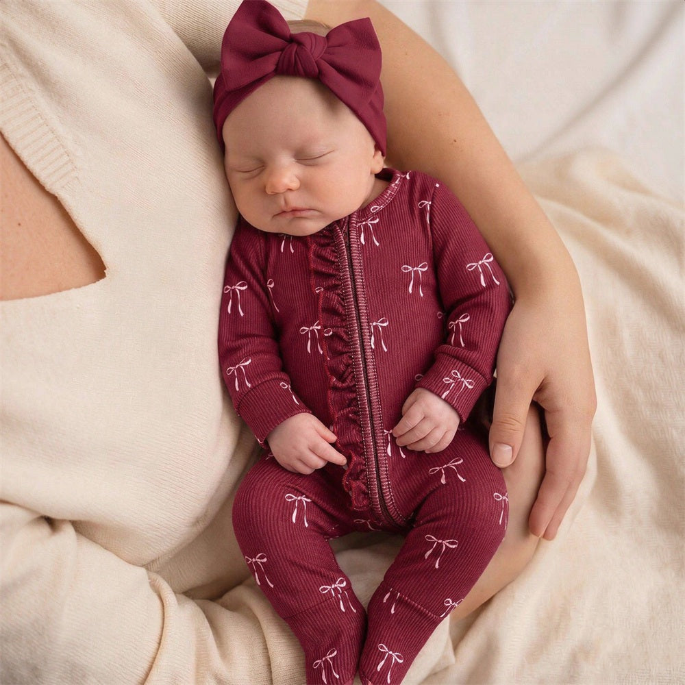 2PCS Grace Bow Print Long Sleeve Zipper Baby Jumpsuit Imagem secundária do produto