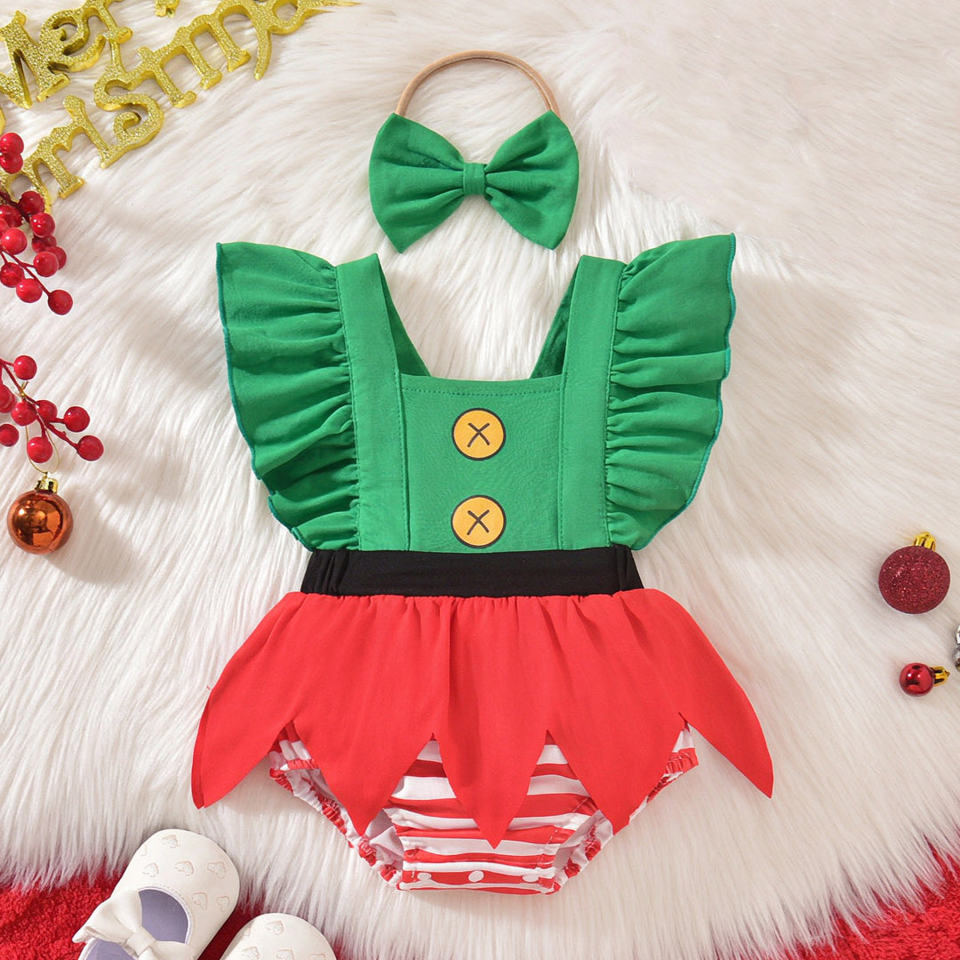 2PCS Green Red Elf Style with Striped Bloomer Flutter Sleeve Baby Romper