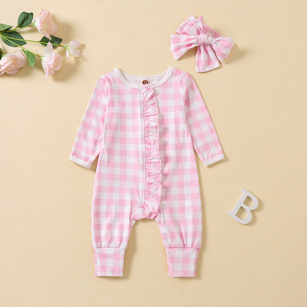 2PCS Lovely Plaid Printed Long Sleeve Baby Jumpsuit Main image