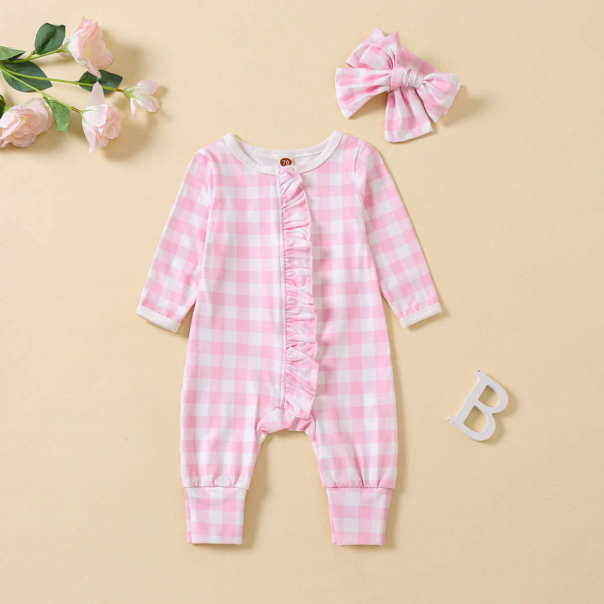 2PCS Lovely Plaid Printed Long Sleeve Baby Jumpsuit