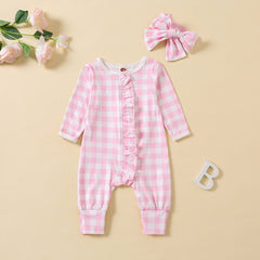 2PCS Lovely Plaid Printed Long Sleeve Baby Jumpsuit