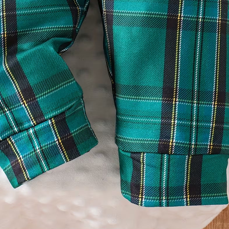 3PCS Cute My 1st Christmas Letter Tractor Plaid Print Baby Overalls Set