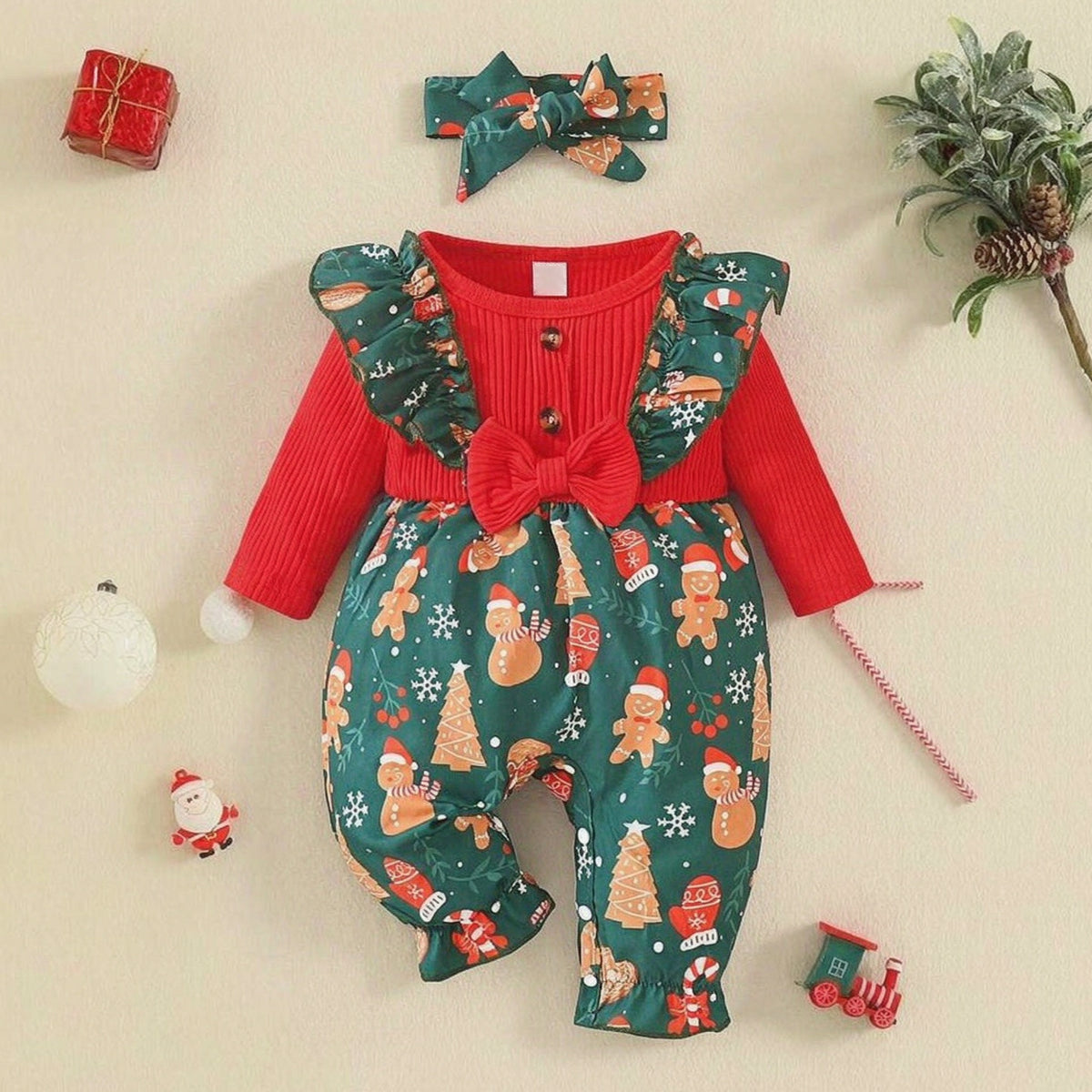 2PCS Sweet Christmas Print Long Sleeve Baby Girl Jumpsuit Main image