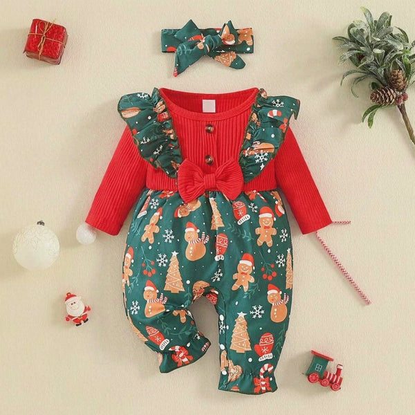 2PCS Sweet Christmas Print Long Sleeve Baby Girl Jumpsuit
