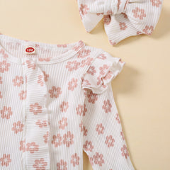 2PCS Pretty Floral Printed Ruffle Decor Long Sleeve Baby Jumpsuit