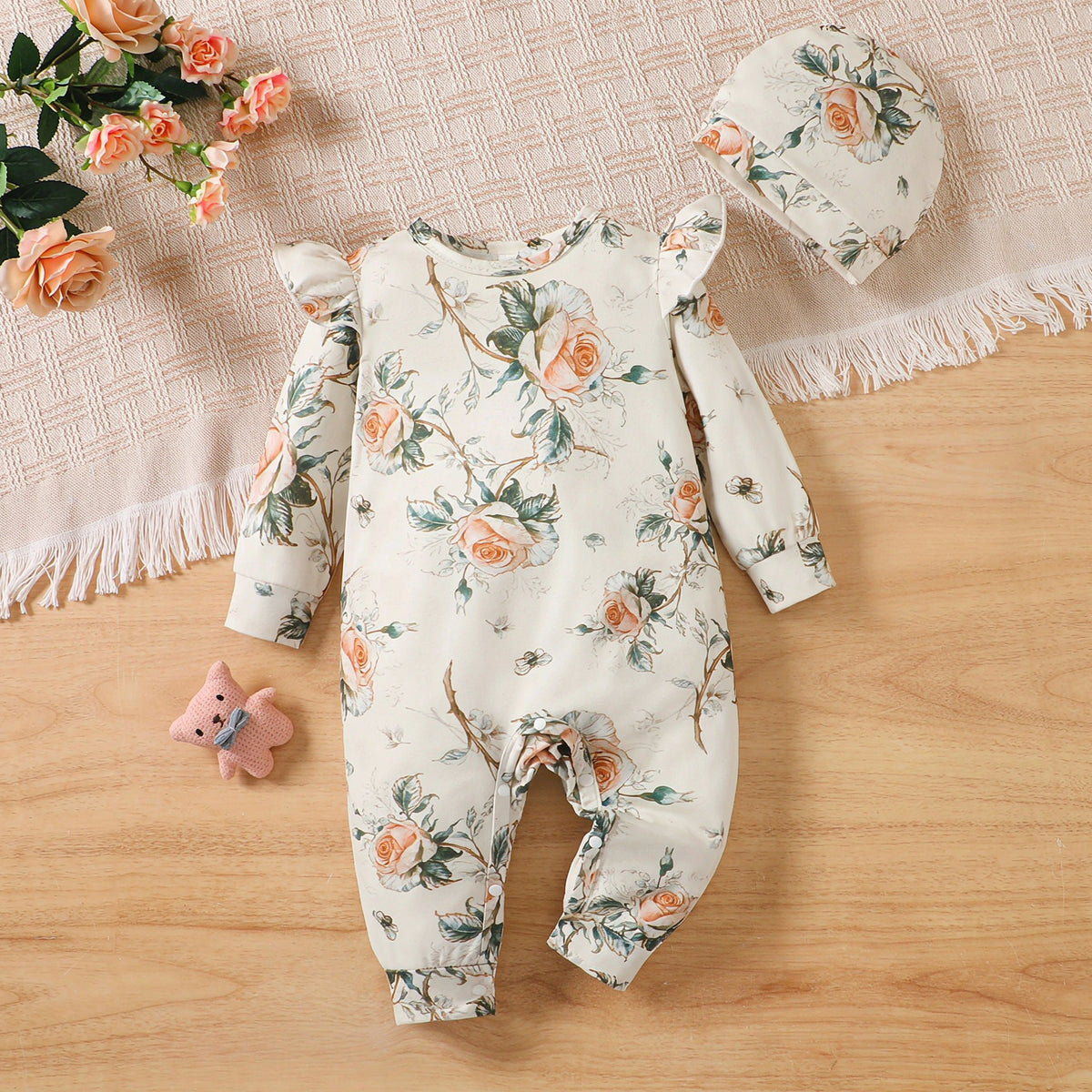 2PCS Vintage Floral Print Long Sleeve Baby Girl Jumpsuit Imagem principal do produto