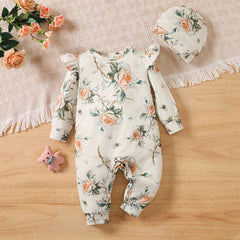 2PCS Vintage Floral Print Long Sleeve Baby Girl Jumpsuit