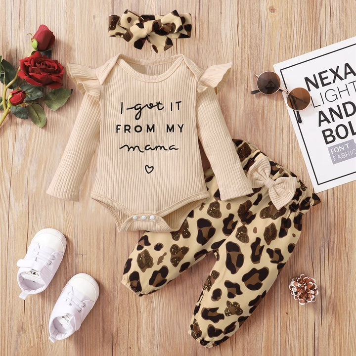 3PCS I Got It From My Mama Leopard Printed Baby Girl Set Image principale du produit