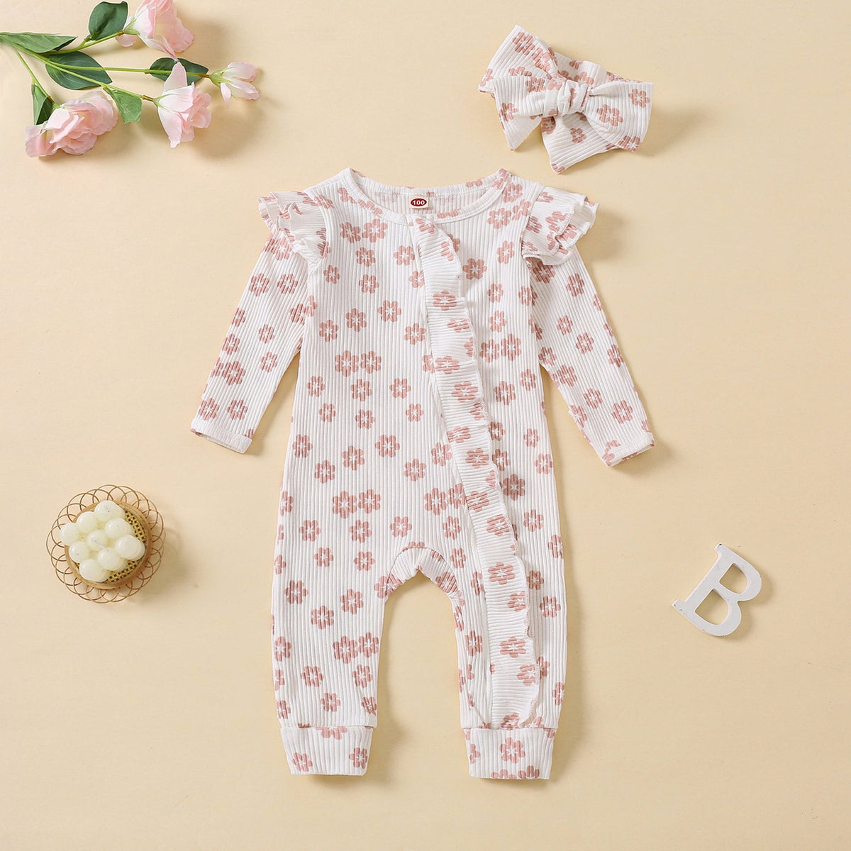 2PCS Pretty Floral Printed Ruffle Decor Long Sleeve Baby Jumpsuit Main image