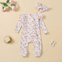 2PCS Pretty Floral Printed Ruffle Decor Long Sleeve Baby Jumpsuit