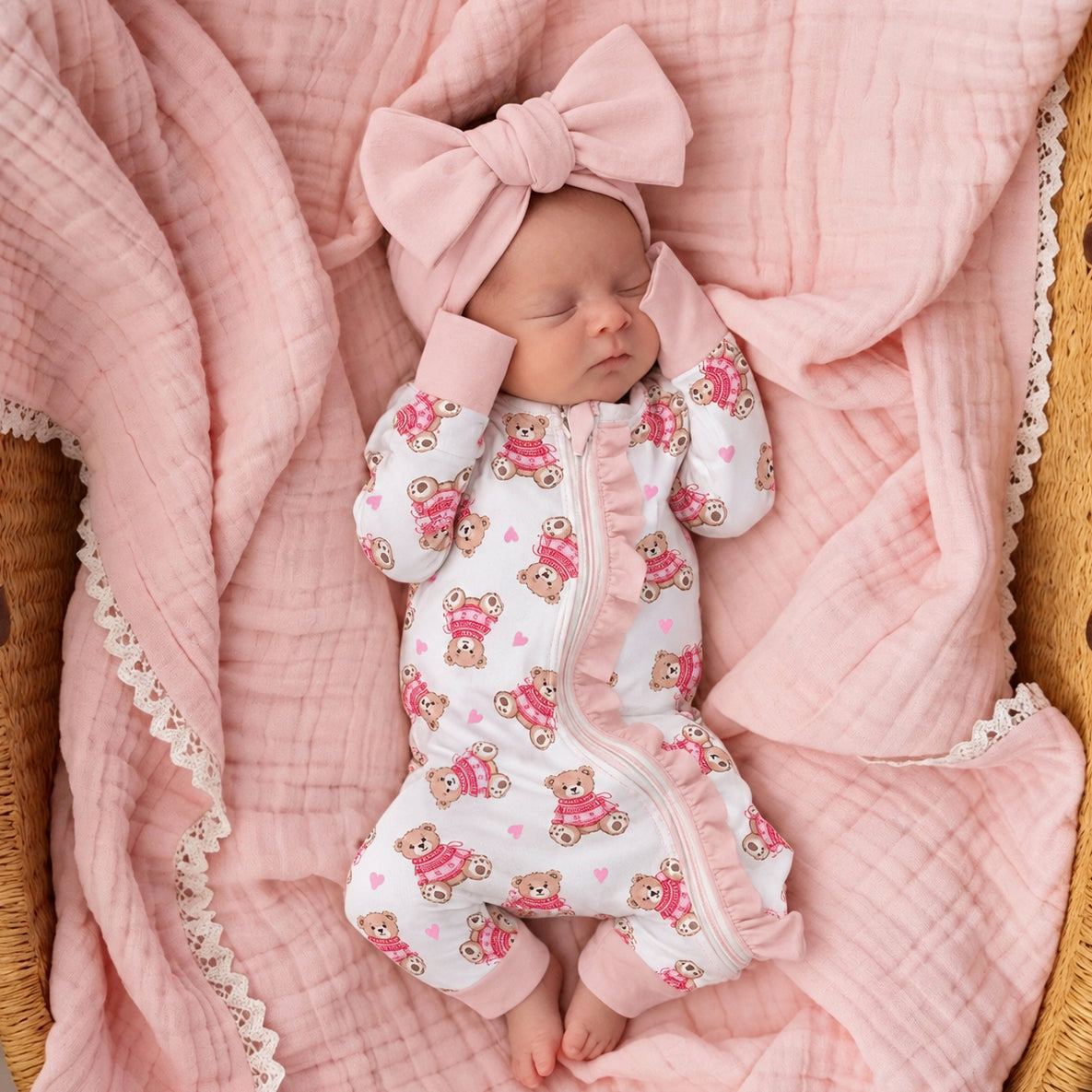 2PCS Lively Teddy Bear Heart Print Zipper Long Sleeve Baby Jumpsuit