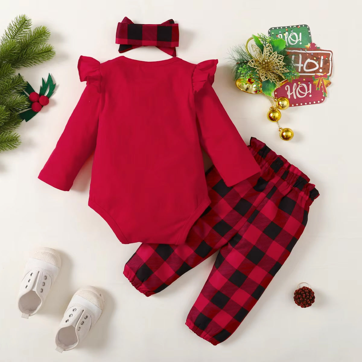 3PCS Sweet My 1st Christmas Letter Plaid Print Baby Girl Set Secondary image