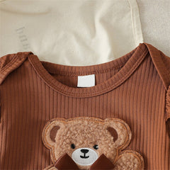 2PCS Bear Applique Plaid Printed Long Sleeve Baby Set