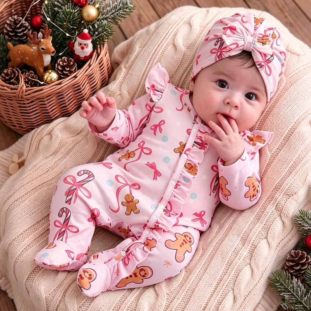 2PCS Gingerbread Man Bow Print Long Sleeve Baby Zipper Jumpsuit