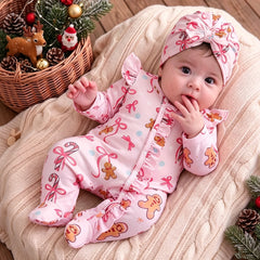2PCS Gingerbread Man Bow Print Long Sleeve Baby Zipper Jumpsuit