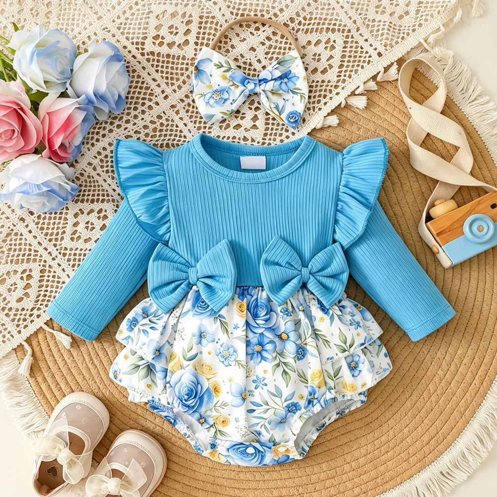 2PCS Baby Girl Floral Print Bow Long Sleeve Romper