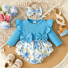 2PCS Baby Girl Floral Print Bow Long Sleeve Romper