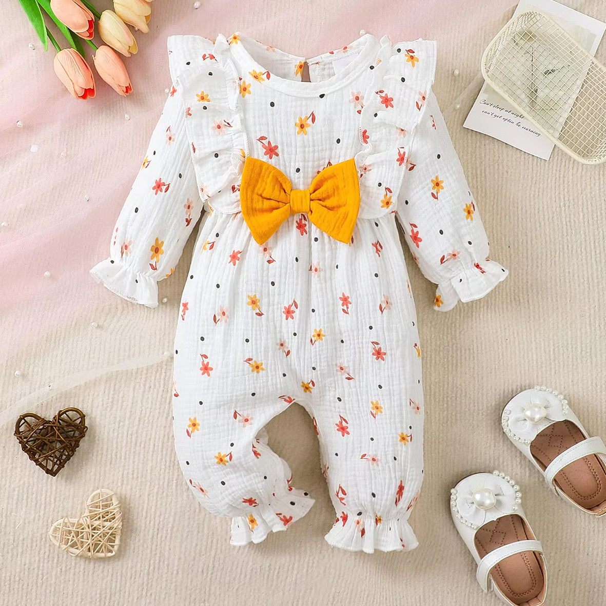 Sweet Baby Girl Ditsy Floral Printed Ruffle Long Sleeve Jumpsuit