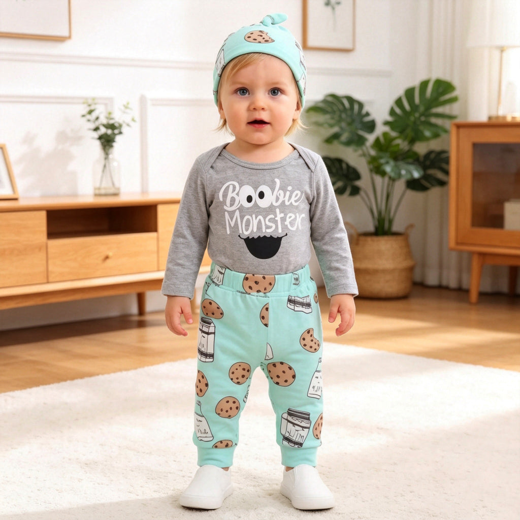 Boobie Monster Letter Printed Romper With Pants Baby Set