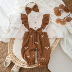 2PCS Faux Two Piece Bow Embroidered Long Sleeve Baby Girl Jumpsuit
