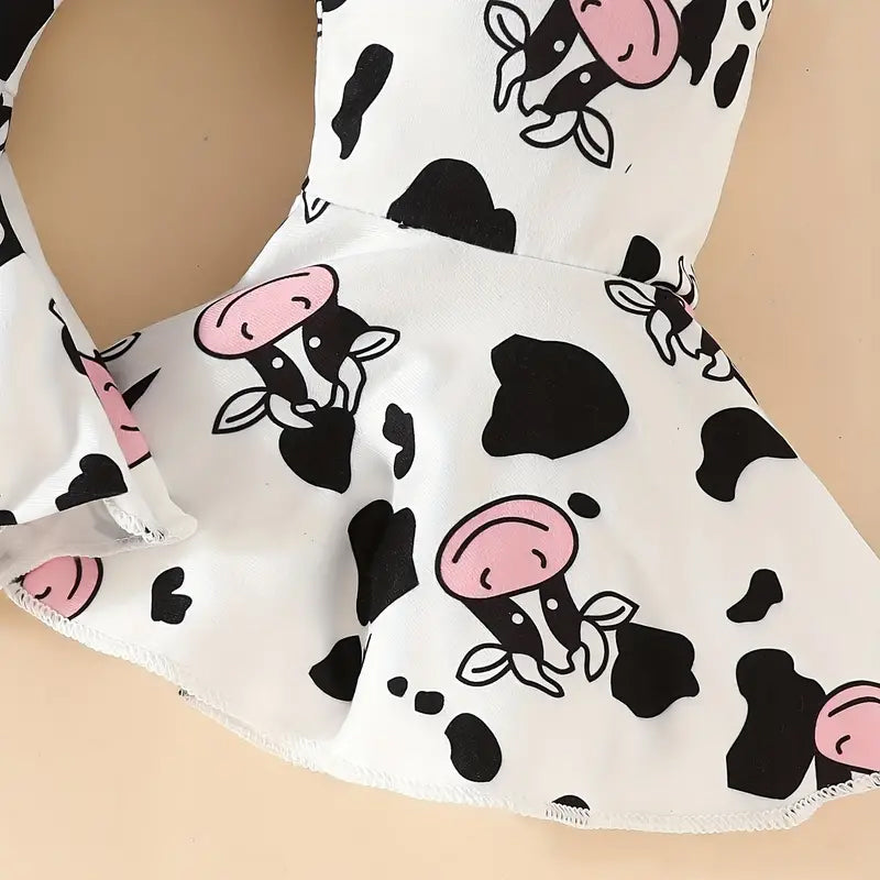 3PCS Holy Cow I'm Cute Letter and Cow Printed Long Sleeve Baby Flared Pants Set