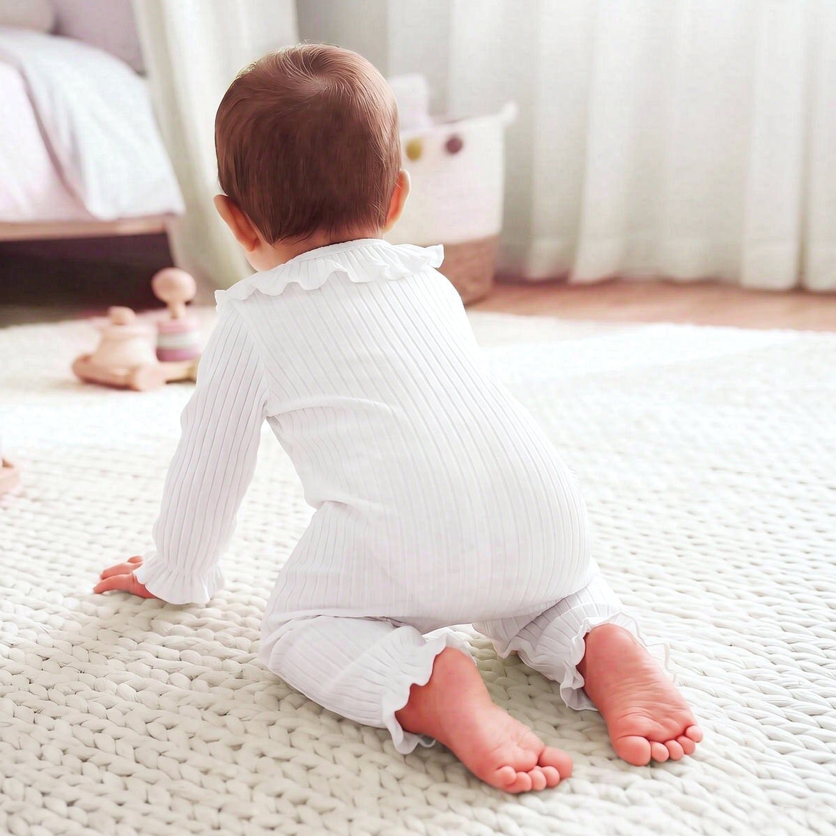 Cozy Solid Color Long Sleeve Ruffle Baby Girl Jumpsuit