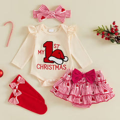 4 PCS My 1st Christmas Letter Santa Hat Plaid Print Baby Girl Set