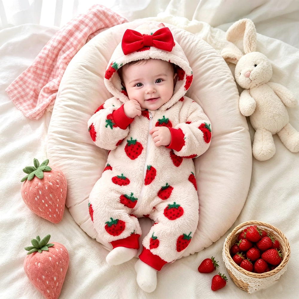 Cute Strawberry Printed Zipper Long Sleeve Fleece Baby Hooded Jumpsuit