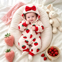Cute Strawberry Printed Zipper Long Sleeve Fleece Baby Hooded Jumpsuit